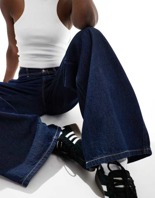 【BOK PLACE】White stitch cool tone long wide denim pants Angsuttc Womens Jeans with Patchwork Stripes High Waisted