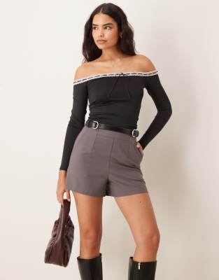 Pimkie Pimkie bardot bow detail lace trim ribbed long sleeve top in black