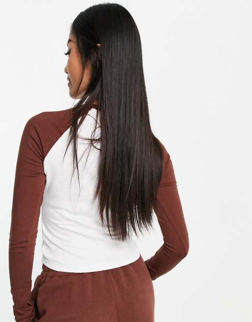 Pimkie baseball long sleeve raglan tee in white and brown, 2 of 4