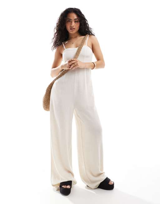 Pimkie - Beige jumpsuit med cami-stropper og ben med vidde i hørblanding