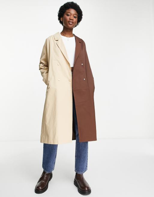 Pimkie – Beige och brun trenchcoat med skärp och kontrastfärgad, tvådelad design