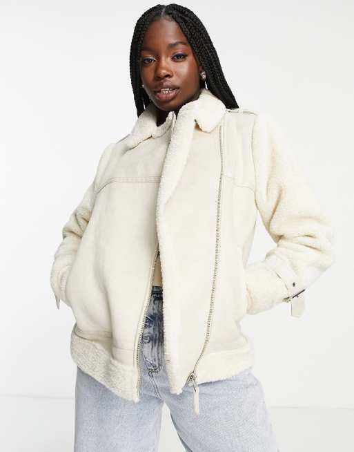 Pimkie – Beige pilotjacka i mocka med teddykant 