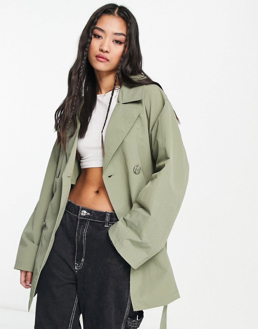 Pimkie belted short trench coat in khaki-Green