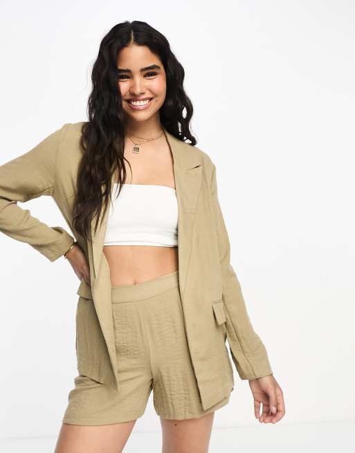 Pimkie – Blazer aus gehämmertem Satin in Kamelbraun, Kombiteil