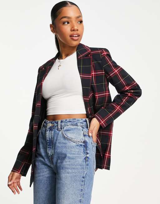 Pimkie - Blazer met Schotse ruit in rood en zwart, deel van co-ord set