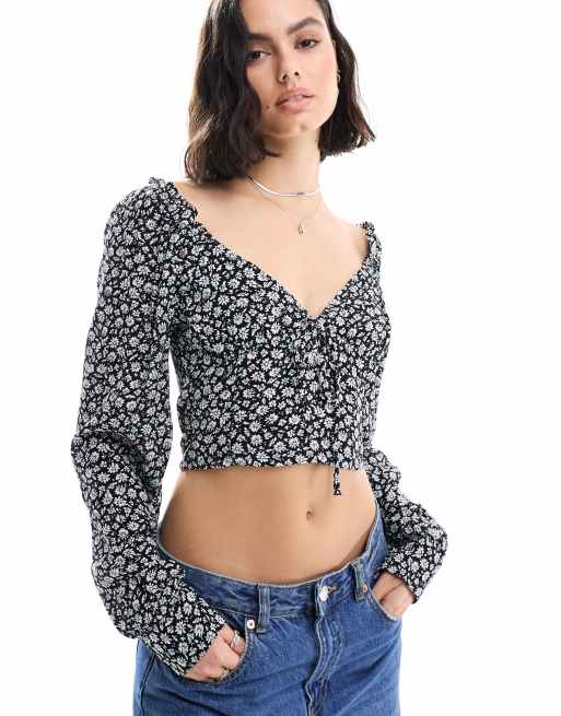 Pimkie - Blusa nera a fiori con scollo a cuore con laccetto