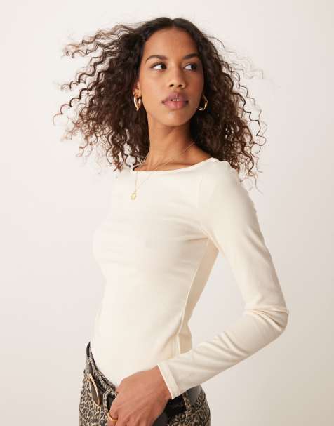 Pimkie boat neck long sleeve top in beige - view 1