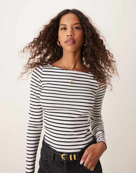 Pimkie boat neck long sleeve top in grey stripe - view 1