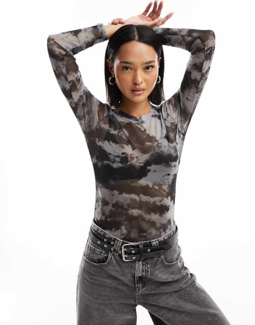 Pimkie - Body van mesh met lange mouwen in grijs met marmerprint