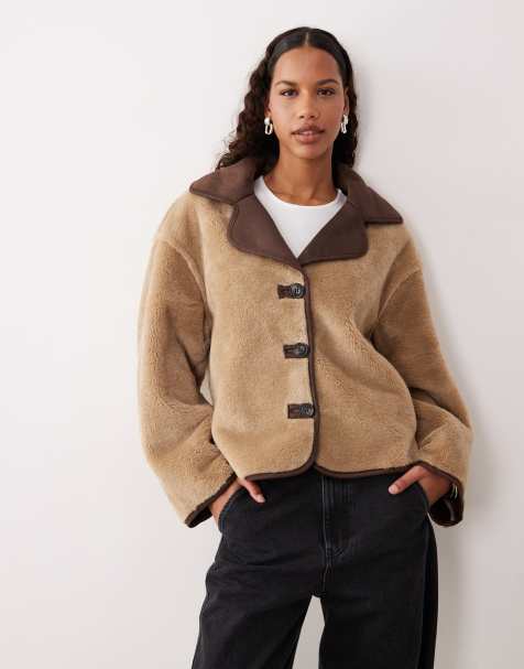 Pimkie teddy brown suede collared trim button through jacket in beige