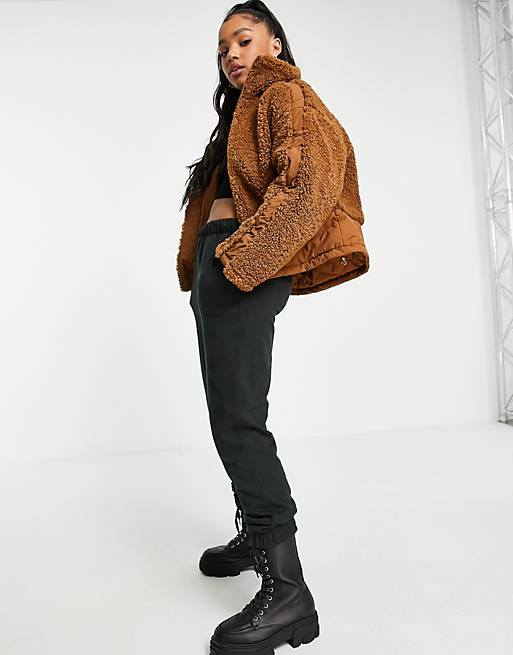 Coats & Jackets Pimkie borg jacket with contrast panel detail in rust brown 