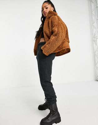 Pimkie borg jacket with contrast panel detail in rust brown