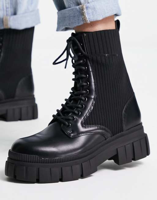 Pimkie Bottines motard a semelle chunky avec lacets et details coteles Noir