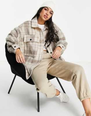 Pimkie brushed oversized checked shacket in beige-Neutral