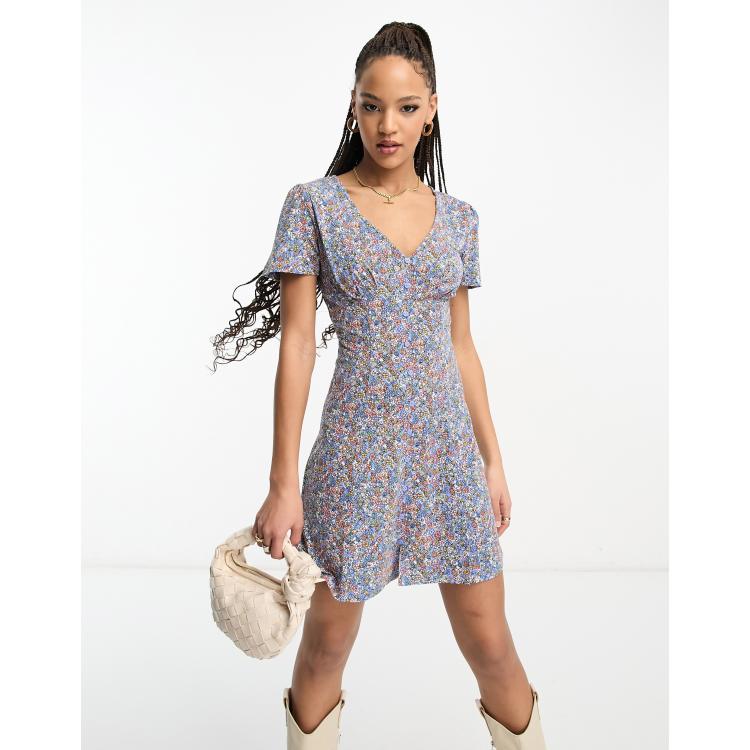 Pimkie button down mini tea dress in blue floral | ASOS
