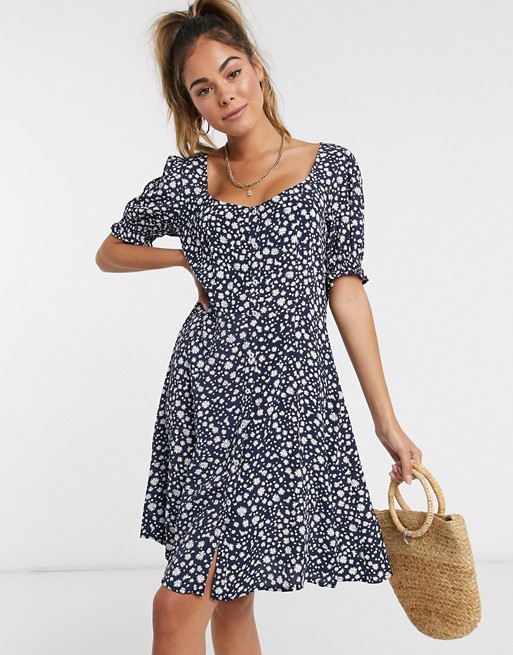 Pimkie button front puff sleeve mini dress in navy floral print