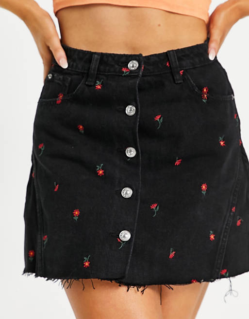 Pimkie button through embroidered floral mini skirt in black