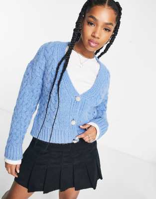 Pimkie cable knit crystal button cardigan in blue