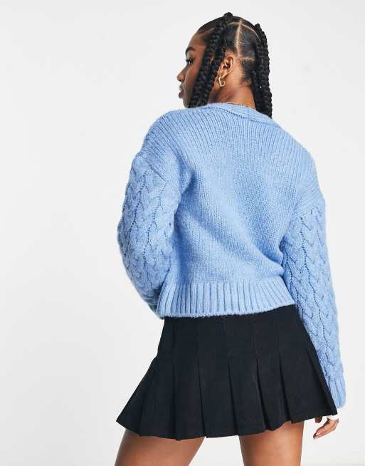Pimkie cable knit crystal button cardigan in blue, 3 of 4