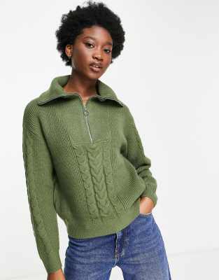 Pimkie cable knit jumper with zip detail in khaki