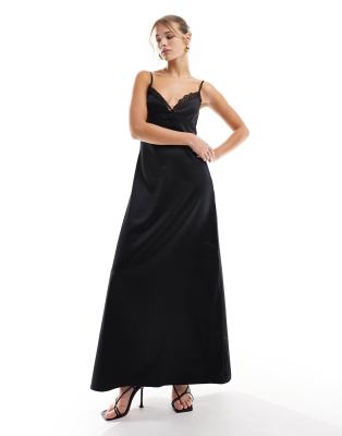 Pimkie - Camisole-Maxikleid aus schwarzem Satin mit Spitzenborte