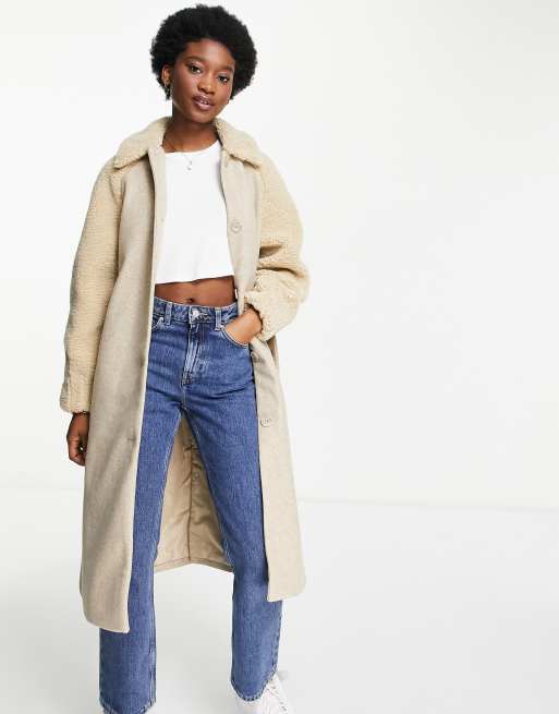 Pimkie - Cappotto di lana taglio lungo beige con dettaglio in pile borg a contrasto sulle maniche