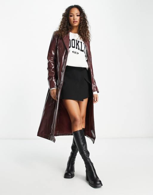 Pimkie - Cappotto lungo in vinile bordeaux con allacciatura