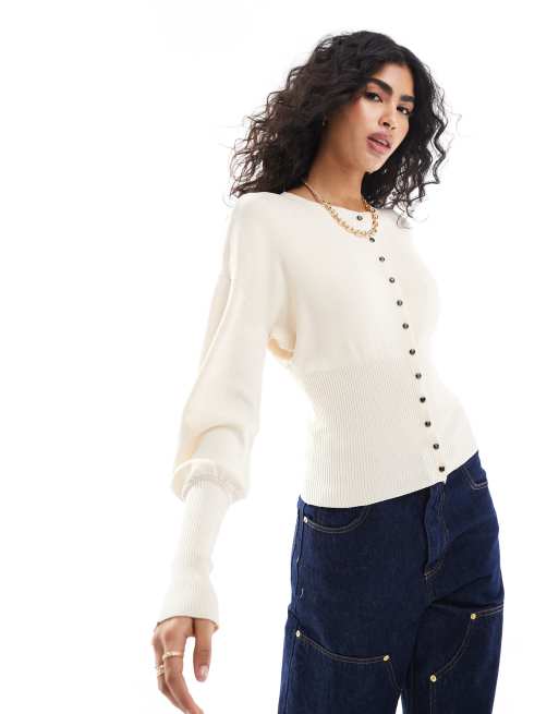 Pimkie - Cardigan strutturato color panna a coste con bottoni e polsini lunghi