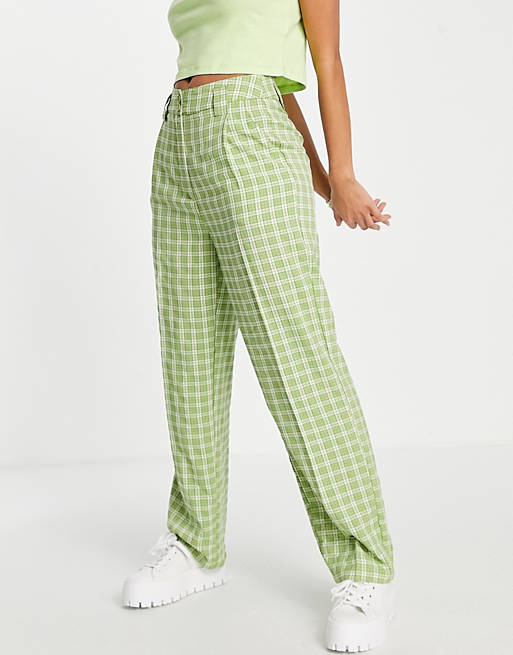 Pimkie check straight trousers in green