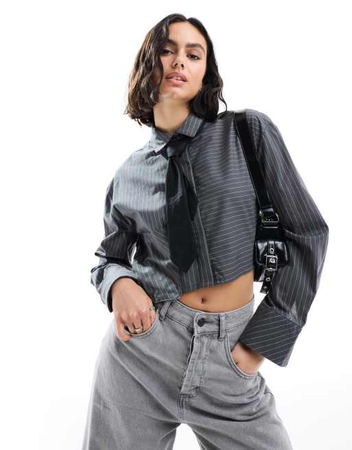 Pimkie - Chemise courte à rayures et détail cravate - Gris