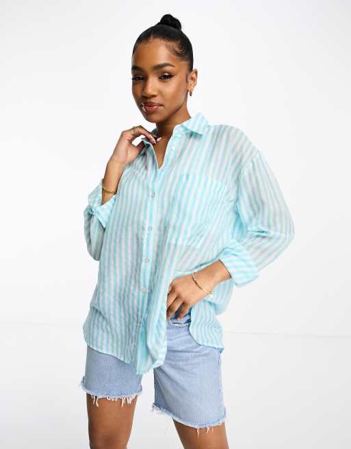 Pimkie Chemise oversize l g re avec poche rayures Turquoise