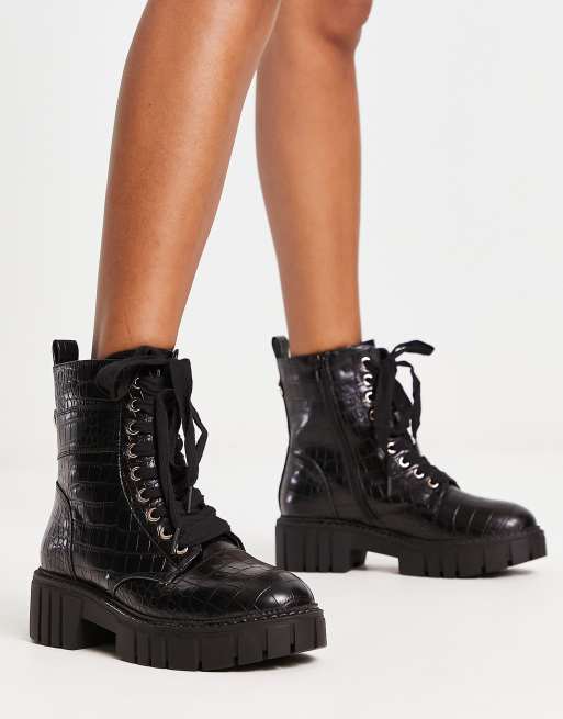 Pimkie chunky cleated sole lace up boots in black croc