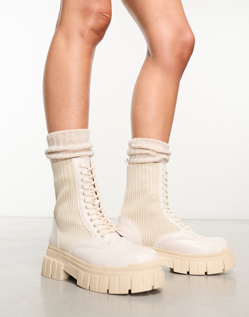 Pimkie chunky cleated sole lace up boots in cream-Neutral
