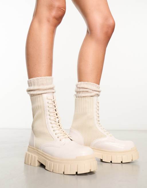 Cream Lace Up Chunky Boots, Footwear