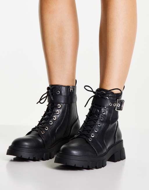 Pimkie chunky sole lace up biker boot in black