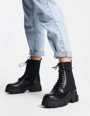 Pimkie chunky sole lace up biker boot with rib in black