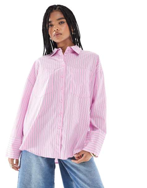 Pimkie collared poplin oversized sleeve shirt in pink stripe - view 1