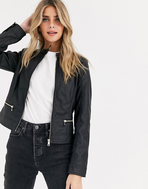 Pimkie collarless faux leather jacket in black