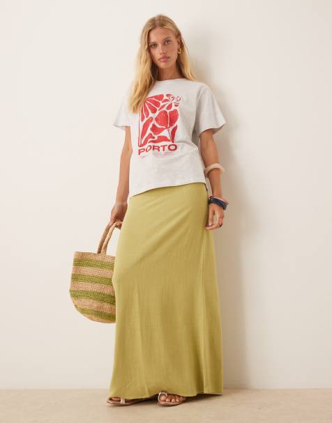 Pimkie contains linen tie waist maxi skirt in lime