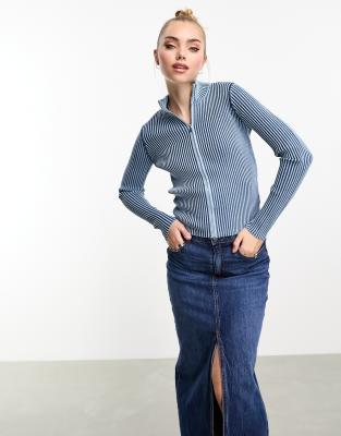 Pimkie Pimkie contrast rib zip through high neck jumper in blue
