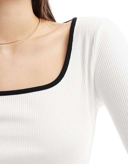Pimkie contrast trim square neck top in white and black, 4 of 4
