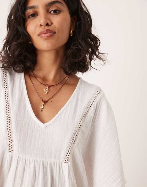 Pimkie cotton cheesecloth v-neck floaty mini dress in white, 2 of 4