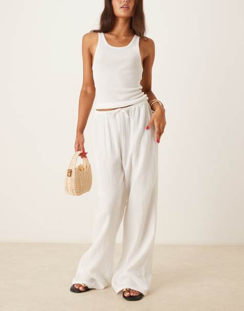 Pimkie cotton crinkle drawstring waist wide leg trousers in white