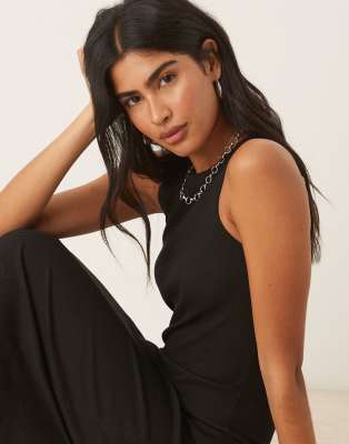 Pimkie Cotton Ribbed Racer Neck Midi Dress In Black