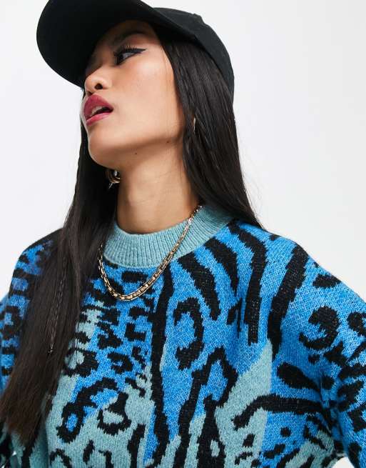 Pimkie crew neck jumper in blue leopard print