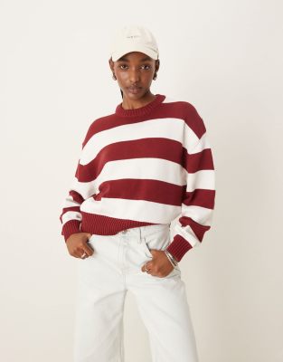 Pimkie Pimkie crew neck jumper in burgundy stripe-Multi