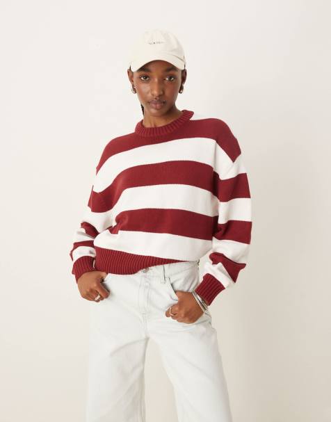 Pimkie crew neck jumper in burgundy stripe - view 1