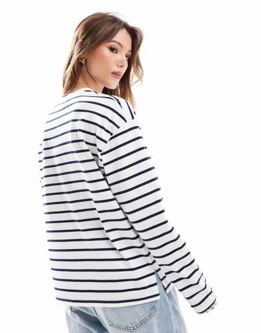 Pimkie crew neck long sleeve t-shirt in white and navy stripe, 3 of 4