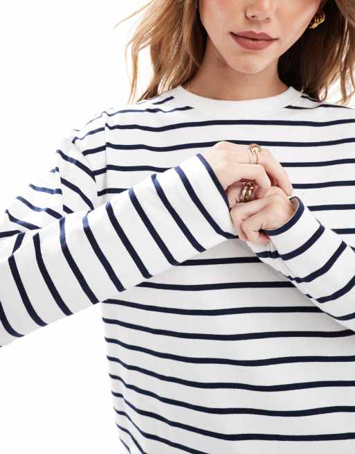 Pimkie crew neck long sleeve t-shirt in white and navy stripe, 4 of 4
