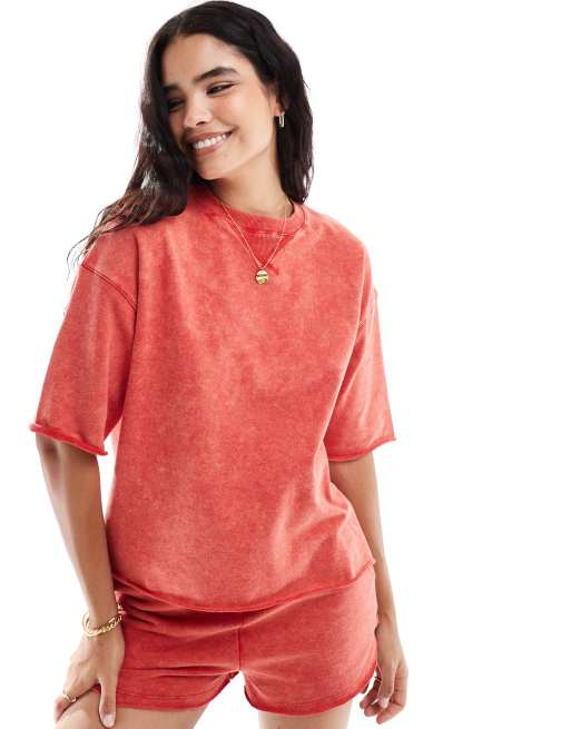 Pimkie crew neck oversized t-shirt in red wash (part of a set)
